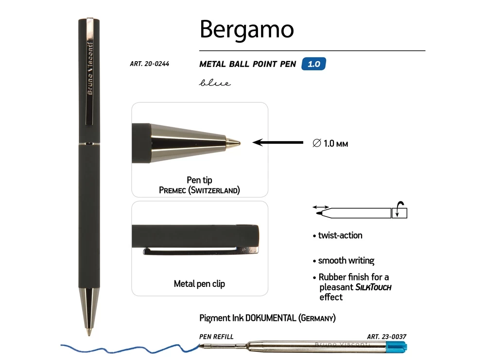 Ручка Bergamo шариковая автоматическая, серый металлический корпус, 1.0 мм Ручка Bergamo шариковая автоматическая, серый металлический корпус, 1.0 мм